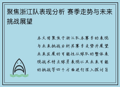 聚焦浙江队表现分析 赛季走势与未来挑战展望