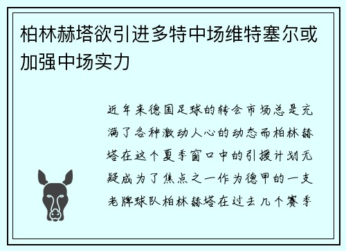 柏林赫塔欲引进多特中场维特塞尔或加强中场实力