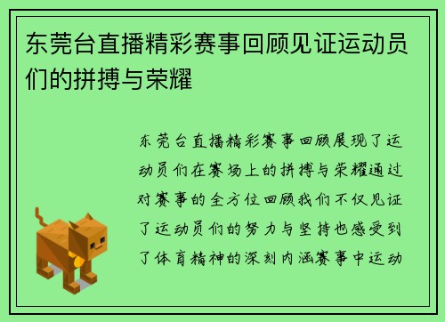 东莞台直播精彩赛事回顾见证运动员们的拼搏与荣耀