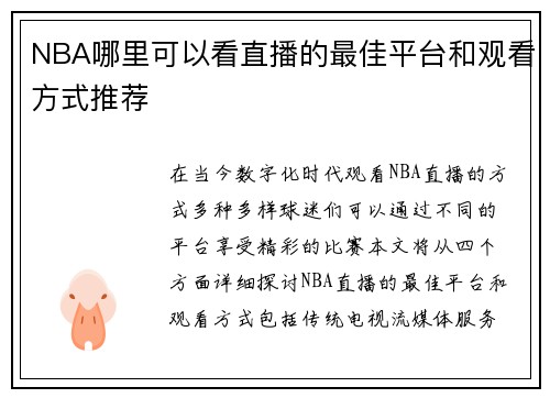 NBA哪里可以看直播的最佳平台和观看方式推荐