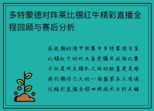 多特蒙德对阵莱比锡红牛精彩直播全程回顾与赛后分析